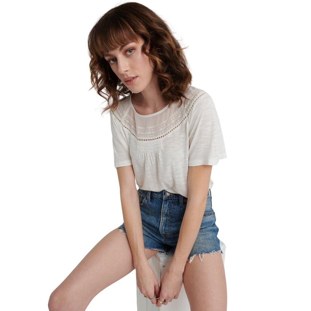 NWT Lucky Brand Woven Mix Embroidered Top in Marshmallow White Small